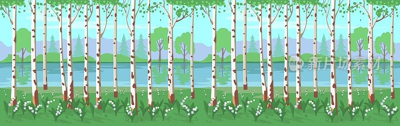 Birch grove with lilies of the valley and a river. Vector background